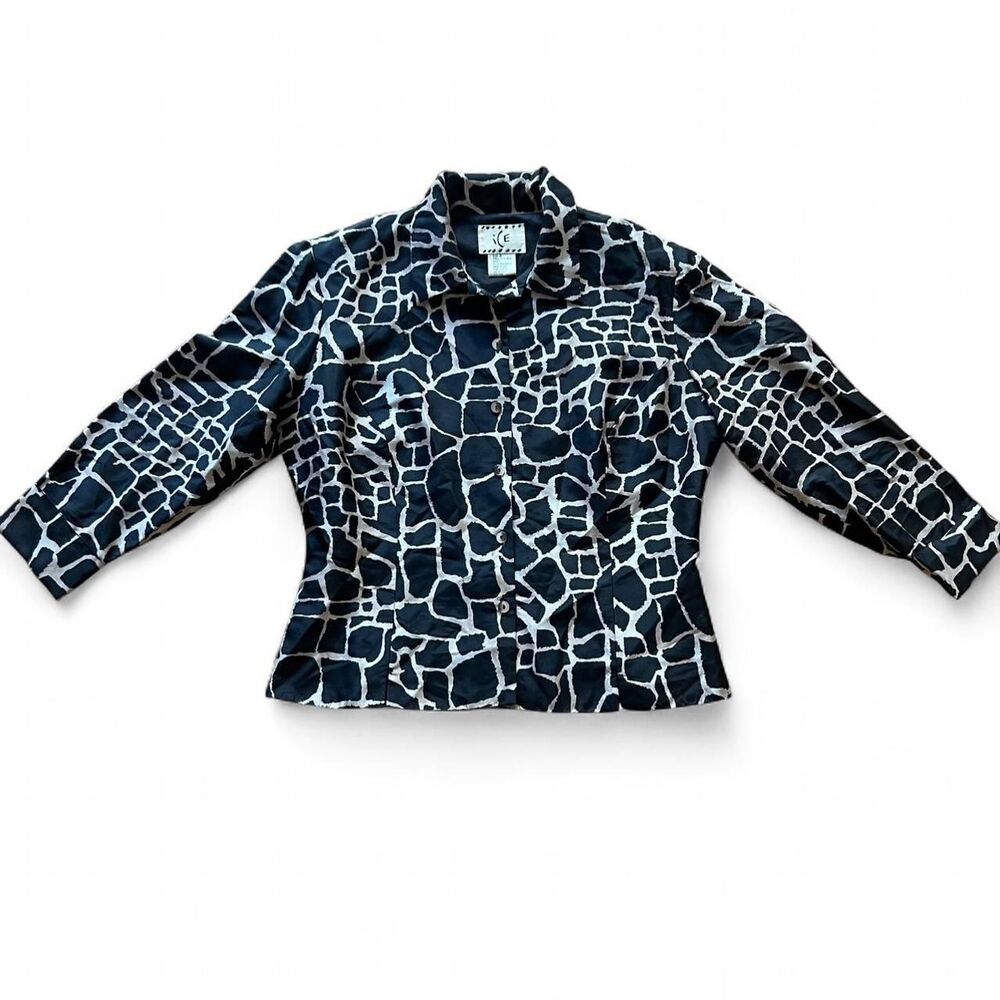 Vintage Y2K Silk Animal Print Button Up Blouse Black White Size Small